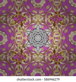 On pink background with golden elements. Openwork delicate golden pattern. Brilliant lace, stylized flowers, paisley. Vector illustration. Oriental style arabesques. Golden texture curls.
