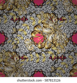 On pink background with golden elements and white doodles. Classic vintage background. Traditional orient ornament. Seamless classic vector golden pattern.