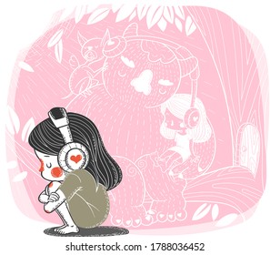 On a pink background, a lonely girl listens to music, and a monster in the background listens to music with her.