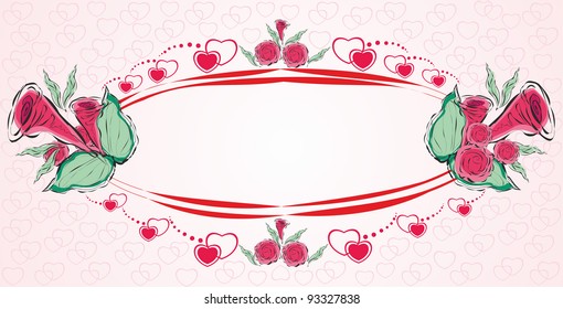 On a pink background, red abstract flowers,  roses and hearts. Oval border. Empty background. Graphic abstract vector illustration. Postcard print, template. For text, wedding invitations, engagement 
