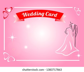 on a pink background in a white frame with hearts is the inscription WEDDING CARD and silhouettes of the bride and groom.