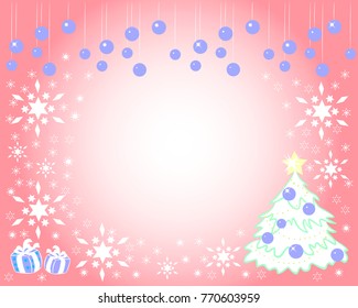 On a pink background with white snowflakes is a Christmas tree, gifts and toys.