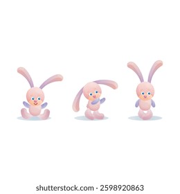On a plain white background, three adorable pink bunny rabbits, each adorned with charming purple ears, are playfully sitting and standing together
