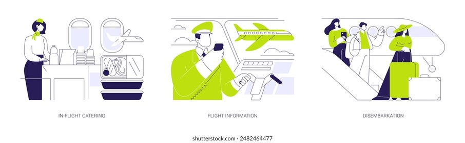 On the plane abstract concept vector illustration set. In-flight catering, flight attendant offers food and drinks, pilot talking to passengers, disembarkation airport abstract metaphor.