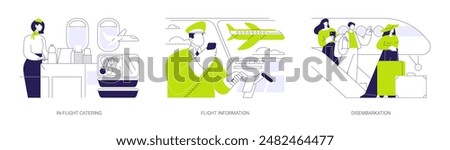 On the plane abstract concept vector illustration set. In-flight catering, flight attendant offers food and drinks, pilot talking to passengers, disembarkation airport abstract metaphor.