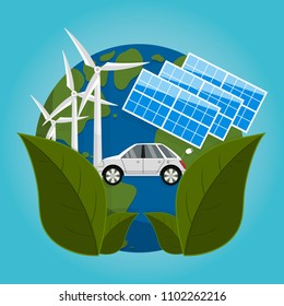On the planet earth is wind power plants, solar batteries, electric vehicle, clean ecology. Vector illustration.