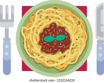 On a plate for breakfast, lunch, or dinner: pasta bolognese, basil and spices. A fork and a knife are lying nearby. Vector graphics.