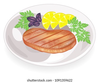 On a plate of fried meat steak. It is decorated with slices of lemon, greens of dill, basil and parsley. Delicious and nutritious food for breakfast, lunch and dinner. Vector illustration.