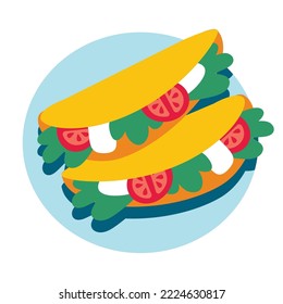 It's on a plate. Vegetables in a flatbread. Mexican fast food. Vector illustration of snacks