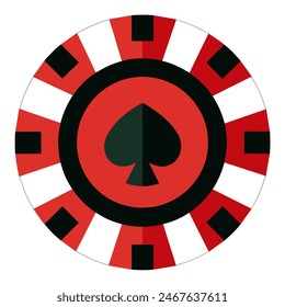 On the poker chip, there is a red and black spade design in the middle