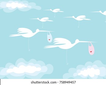 on the postcard the silhouette of the stork carries a child in its beak. on the bag with the child painted a heart. sky and clouds. some of stork back without baby.