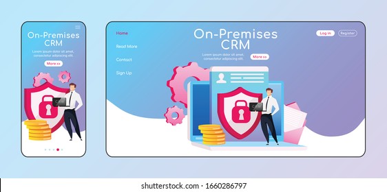 On premises CRM adaptive landing page flat color vector template. Smiling male keeps laptop mobile and PC homepage layout. Local host one page website UI. Info security webpage cross platform design