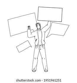 On Protest Demonstration Man With Posters Black Line Pencil Drawing Vector. Young Boy Activist Holding Board Screaming On Protest. Character Protestor Protesting And Shouting On Meeting Strike 