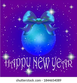 Auf violettem Sternenschneehintergrund steht ein blauer Weihnachtsbaum mit Schleife und den Worten Happy New Year.