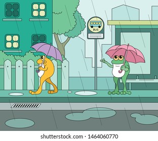 On a rainy day, a green frog character is reaching out of his umbrella, and a yellow frog is walking down the street wearing an umbrella. A scene of a cute children's cartoon film.