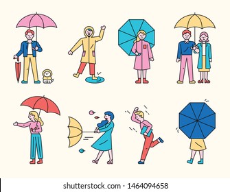 On a rainy day, people are standing in an umbrella. The umbrella overturns in the wind. A person running without an umbrella. Cute puppy waiting in raincoat.