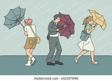 On the rainy day  the umbrella people walking down the road is turning into strong wind  hand drawn style vector design illustrations  