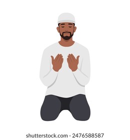 Am Ramadan beten junge Moslems zu Allah. Flache Vektorillustration isoliert auf weißem Hintergrund