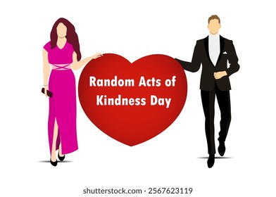 On Random Acts of Kindness Day. A young man and woman hold a red heart in their hands. By starting with ourselves, we can inspire others to perform acts of kindness. Vector Not AI generated 