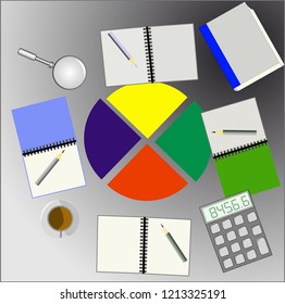 on a rectangular surface are four notebooks, pencils, an electronic calculator, magnifying glass, a Cup of coffee, in the center of the colored sectors for building infographics