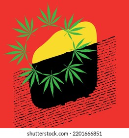 on a red background abstract with cannabis leaves