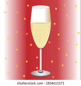 On a red background a glass goblet of a fragrant dry drink for all dishes,yellow stars.Food and drinks.Holidays.Background and texture.