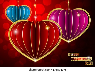 On a red background with gold colored hearts