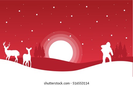On red backgrounds Santa and reindeer landscape