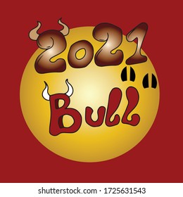 On a red background-the text of 2021 and the bull.Sticker, vector children's design for banners, postcards and social networks.