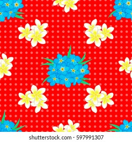 On a red backgroundVC seamless background pattern with tropical leaves and flowers on a red background.