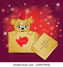
on a red beautiful background a little bear peeps out of a gift box
