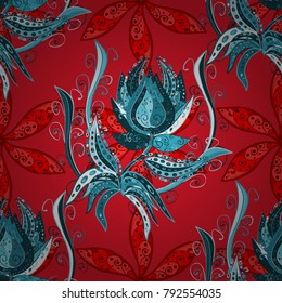 On red, blue and neutral colors. Floral wallpaper. Seamless pattern. Indian ornament. Colorful ornamental border. Vector illustration.