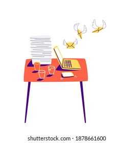 On a red table is a yellow laptop with many coffee cups and a hefty pile of papers. Hand-drawn workplace in cartoon style. Vector stock illustration isolated on white background.