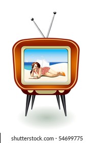 On the retro TV - girl lying on the beach