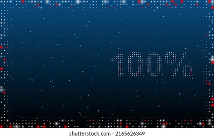 On the right is the 100 percent symbol filled with white dots. Pointillism style. Abstract futuristic frame of dots and circles. Some dots is red. Vector illustration on blue background with stars