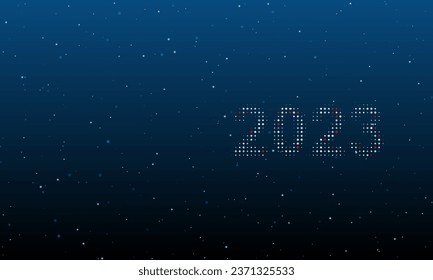 On the right is the 2023 year symbol filled with white dots. Background pattern from dots and circles of different shades. Vector illustration on blue background with stars