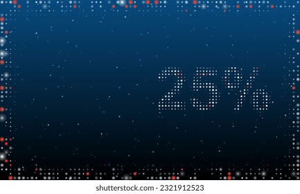 On the right is the 25 percent symbol filled with white dots. Pointillism style. Abstract futuristic frame of dots and circles. Some dots is red. Vector illustration on blue background with stars