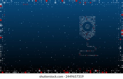 On the right is the 3D printer symbol filled with white dots. Pointillism style. Abstract futuristic frame of dots and circles. Some dots is red. Vector illustration on blue background with stars