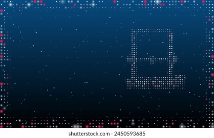 On the right is the 3D printer symbol filled with white dots. Pointillism style. Abstract futuristic frame of dots and circles. Some dots is pink. Vector illustration on blue background with stars