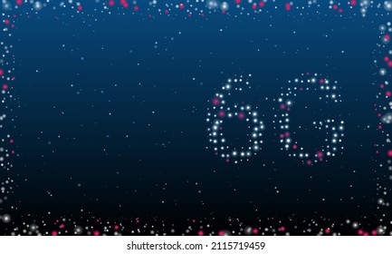 On the right is the 6G symbol filled with white dots. Pointillism style. Abstract futuristic frame of dots and circles. Some dots is pink. Vector illustration on blue background with stars