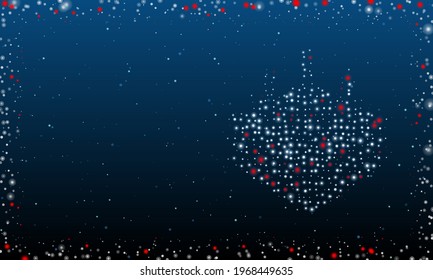 On the right is the absorbent symbol filled with white dots. Pointillism style. Abstract futuristic frame of dots and circles. Some dots is red. Vector illustration on blue background with stars