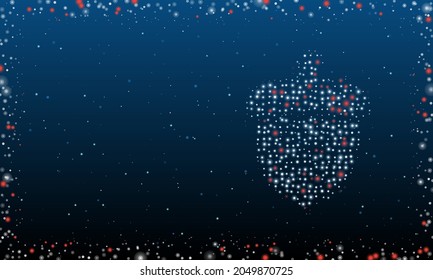 On the right is the acorn symbol filled with white dots. Pointillism style. Abstract futuristic frame of dots and circles. Some dots is red. Vector illustration on blue background with stars