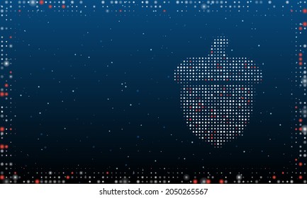 On the right is the acorn symbol filled with white dots. Pointillism style. Abstract futuristic frame of dots and circles. Some dots is red. Vector illustration on blue background with stars
