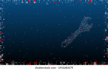 On the right is the adjustable wrench symbol filled with white dots. Abstract futuristic frame of dots and circles. Vector illustration on blue background with stars