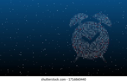 On the right is the alarm clock symbol filled with white dots. Background pattern from white dots and circles of different shades. Some dots is red. Vector illustration on blue background with stars
