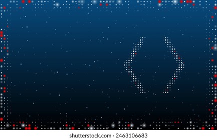 On the right is the angle brackets symbol filled with white dots. Pointillism style. Abstract futuristic frame of dots and circles. Some dots is red. Vector illustration on blue background with stars