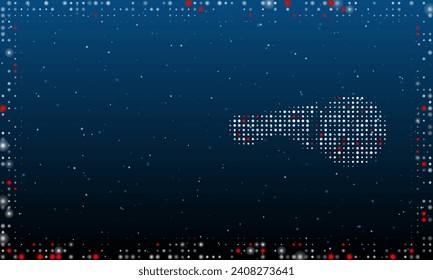 A la derecha se encuentra el símbolo de molino de ángulo rellenado con puntos blancos. Estilo de puntillismo. Resumen marco futurista de puntos y círculos. Algunos puntos son rojos. Ilustración vectorial sobre fondo azul con estrellas