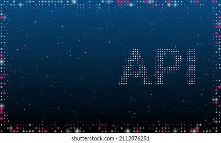 A la derecha está el símbolo api con puntos blancos. Estilo de puntillismo. Resumen marco futurista de puntos y círculos. Algunos puntos son rosas. Ilustración vectorial sobre fondo azul con estrellas