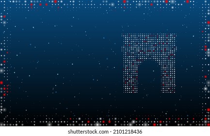 On the right is the arch symbol filled with white dots. Pointillism style. Abstract futuristic frame of dots and circles. Some dots is red. Vector illustration on blue background with stars