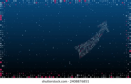 On the right is the up arrow symbol filled with white dots. Pointillism style. Abstract futuristic frame of dots and circles. Some dots is pink. Vector illustration on blue background with stars